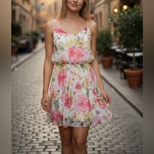 Miley & Molly Elegant Floral Mini Dress with Pink and Green Tones Size Large